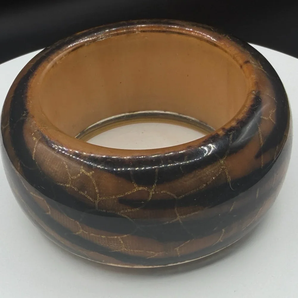 Chunky Brown Black Resin Bangle Bracelet Gold Tone Crackle Mosaic Boho Statement